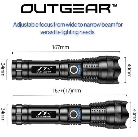 OutGearTM SuperBeam Flashlight Torch - 2000 Lumens, 300m Range, USB Rechargeable