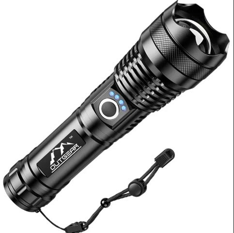 OutGearTM SuperBeam Flashlight Torch - 2000 Lumens, 300m Range, USB Rechargeable