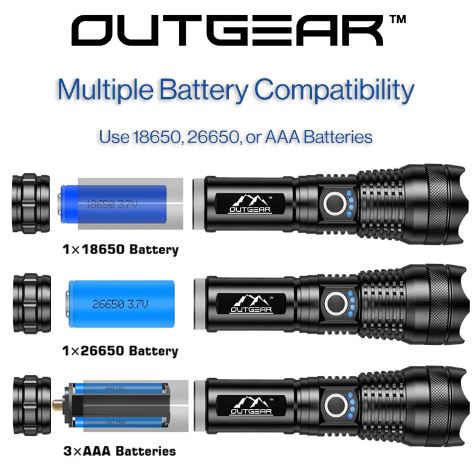 OutGearTM SuperBeam Flashlight Torch - 2000 Lumens, 300m Range, USB Rechargeable
