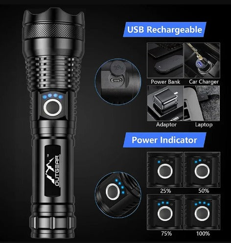 OutGearTM SuperBeam Flashlight Torch - 2000 Lumens, 300m Range, USB Rechargeable