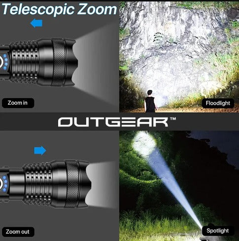 OutGearTM SuperBeam Flashlight Torch - 2000 Lumens, 300m Range, USB Rechargeable