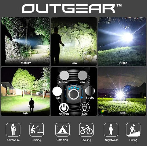 OutGearTM SuperBeam Flashlight Torch - 2000 Lumens, 300m Range, USB Rechargeable