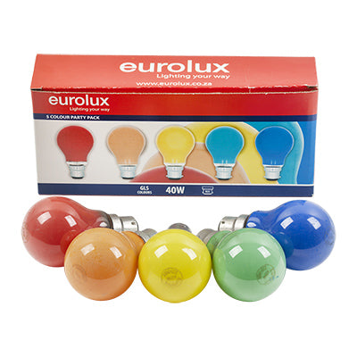 Coloured Globes B22 40w 5Pc Party Pack