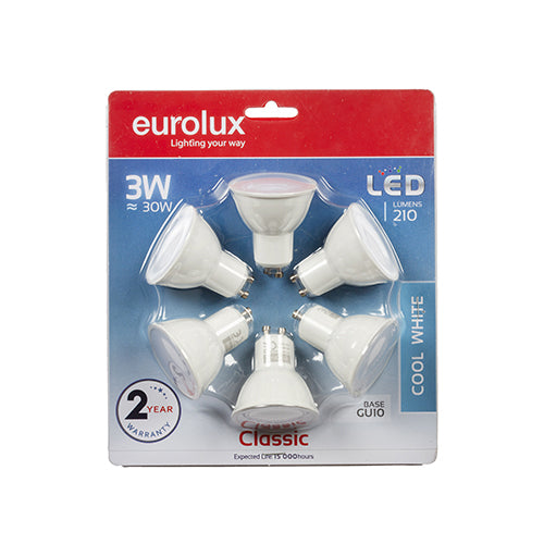 LED Plastic GU10 3w Cool White 4000K 6 Pack