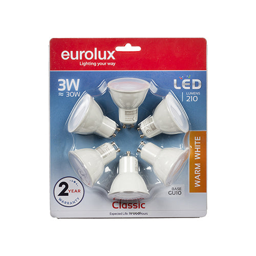 LED Plastic GU10 3w Warm White 3000K 6 Pack