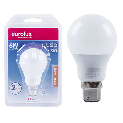 LED A60 Globe Opal B22 6w Warm White