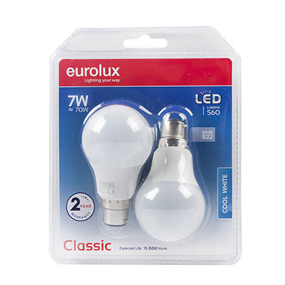 LED A60 Globe Opal B22 7w CW Twin Pack