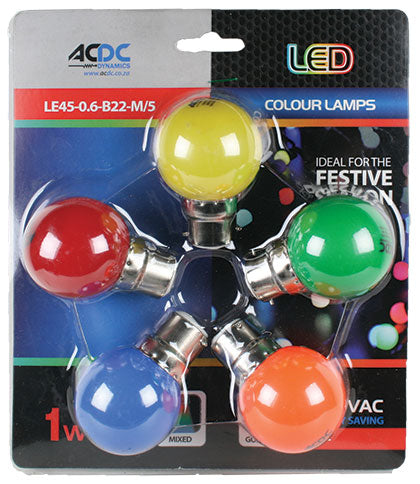 230Vac 1W B22 Lamp Ball Type Mixed Colour 5 Pack