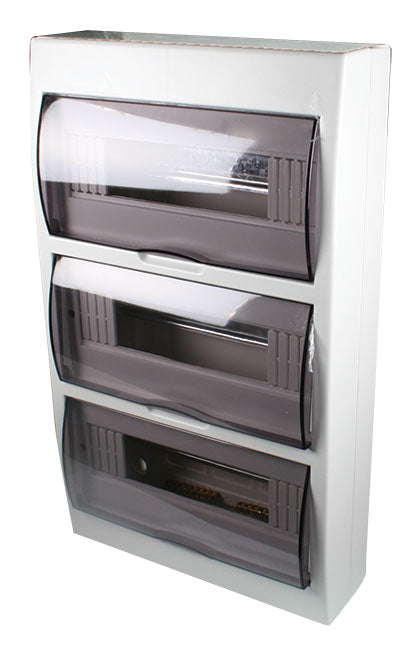 WHITE DIN DB 36-WAY(3x12) SURFACE WITH DOOR AND TRAY